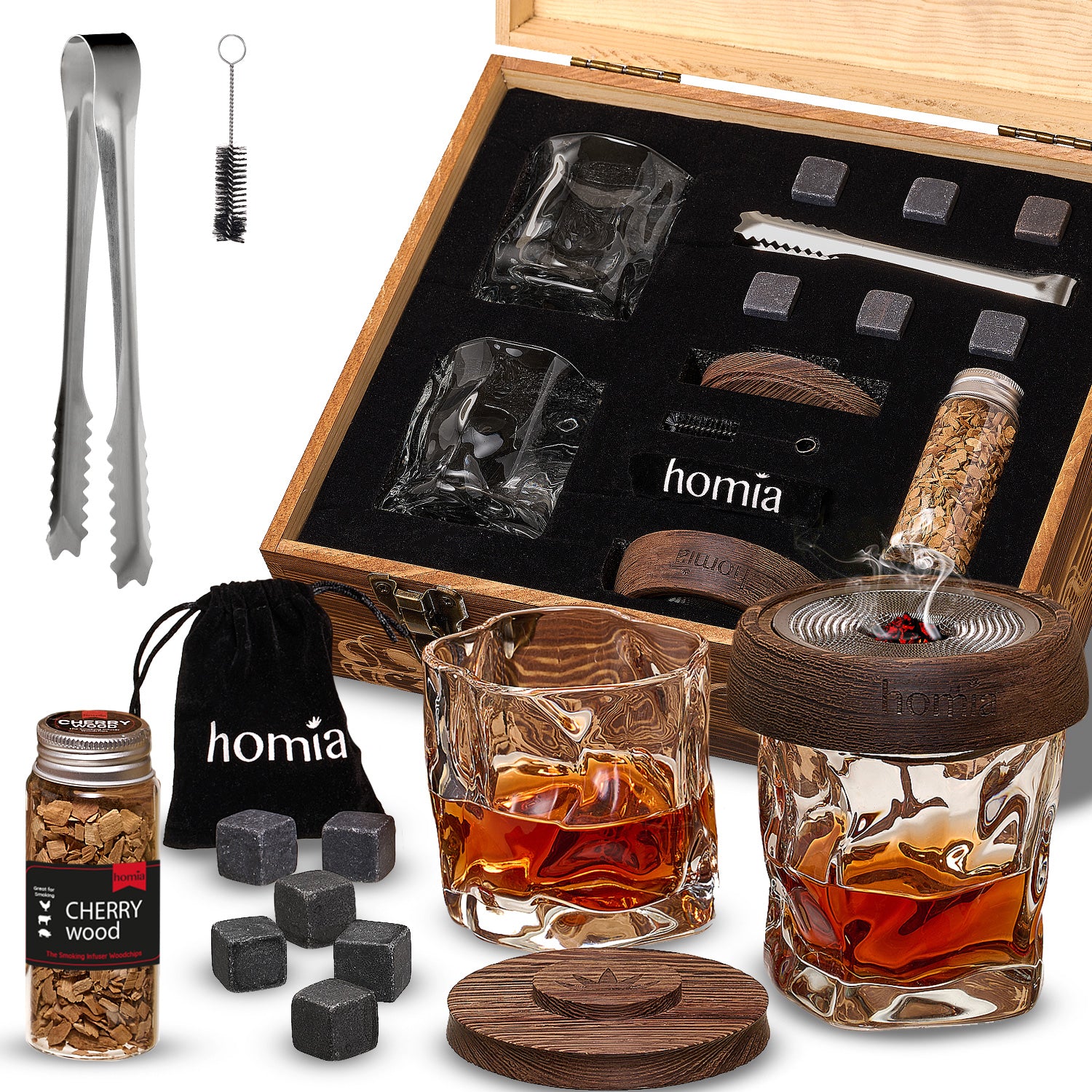 Whiskey Gift Set 13 Pcs Wooden Smoker Old Fashioned Glasses in Wooden Box, Size: One Size