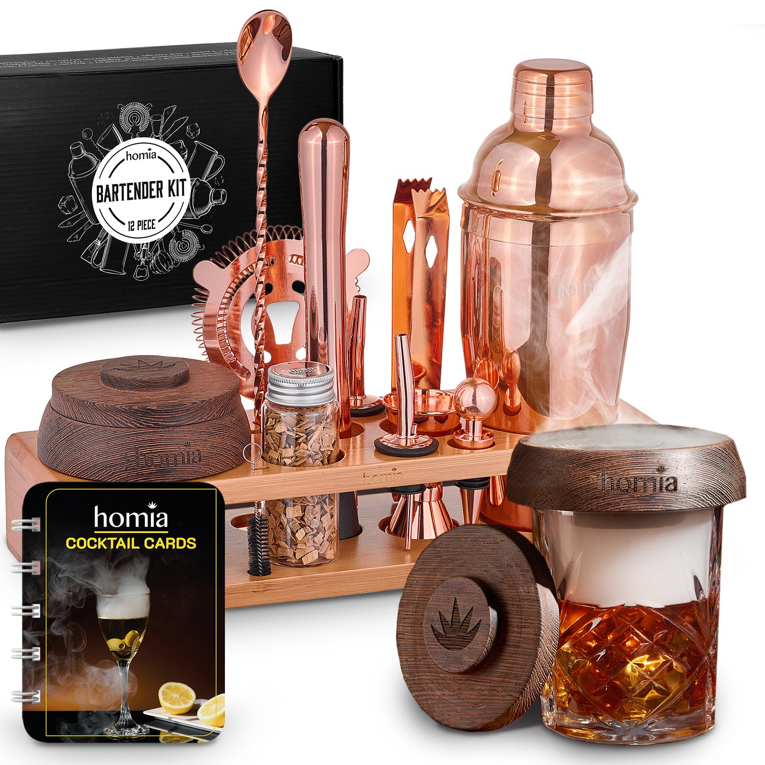 Bamboo Stand Bartender Kit with Whiskey Smoker - 13 pcs