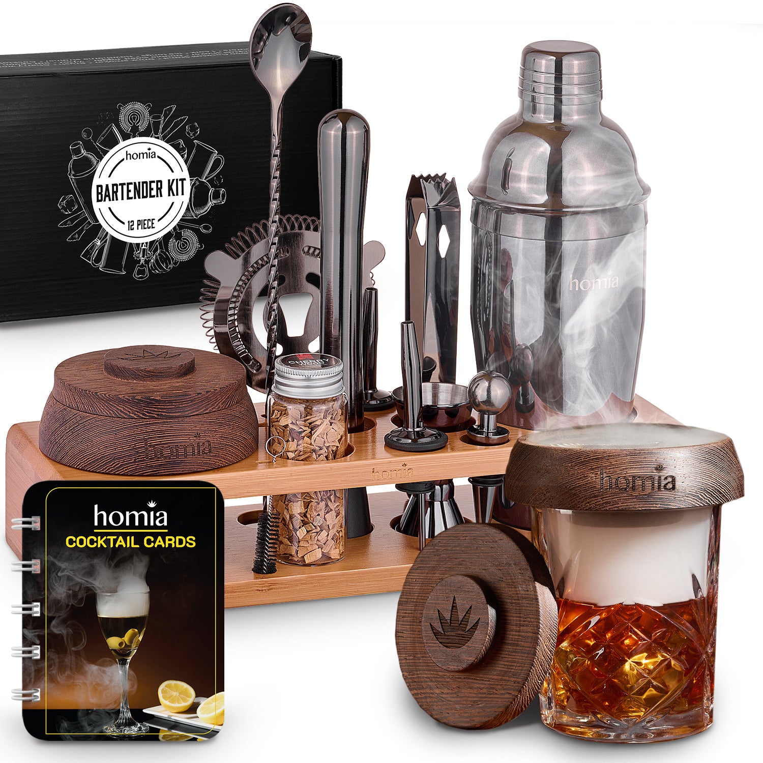 Bamboo Stand Bartender Kit with Whiskey Smoker - 13 pcs