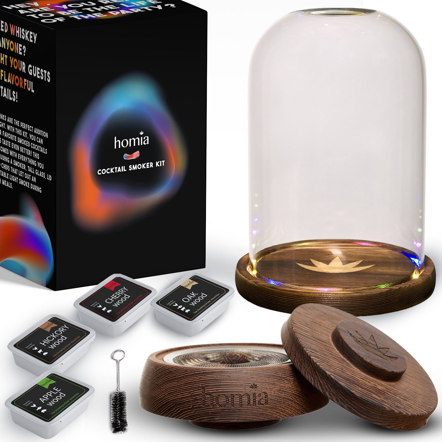 Drink Smoker Kit with LED Wooden Base & Tall Glass Dome