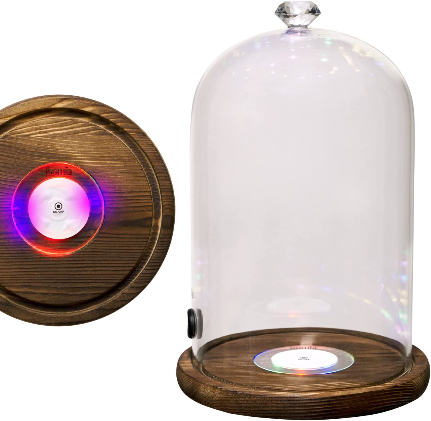 Tall Glass Dome with center LED lights Wooden Base